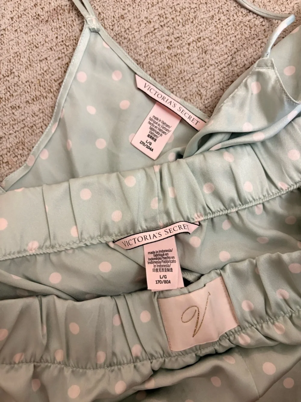 Victoria's Secret Mint & White Polka Dot Satin Cami and Short Set - Picture 2 of 3